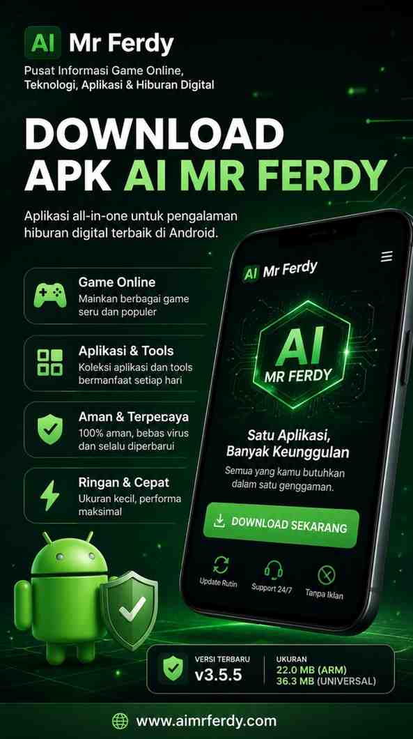 Halaman utama AI Mr Ferdy berisi informasi game online, teknologi, dan aplikasi terbaru.