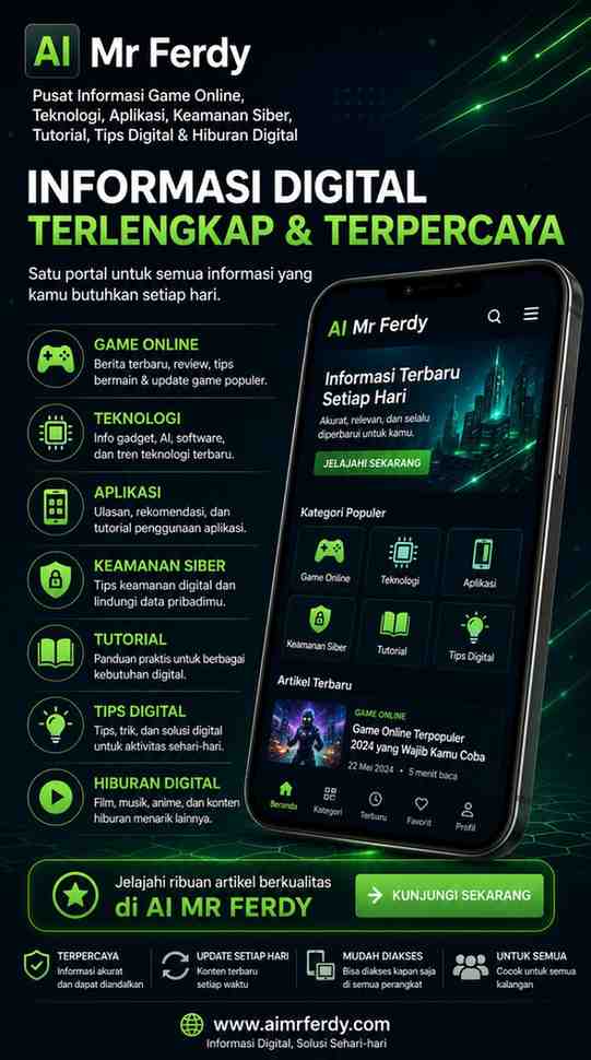 Kategori informasi game online, teknologi, aplikasi, dan hiburan digital di AI Mr Ferdy.